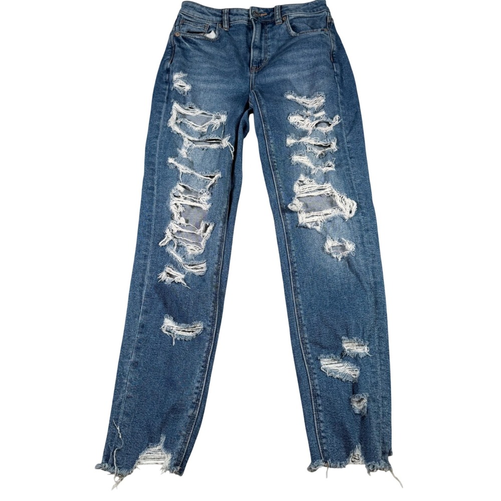 American Eagle Mom Jean Women 0 (FITS 26x27) Blue Distressed Ripped Raw Hem
